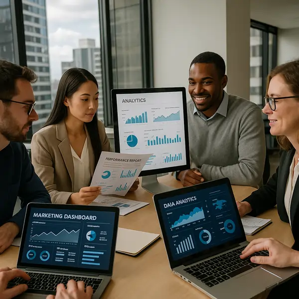 Digital marketers team analyzing marketing metrics and performance data in Melbourne office