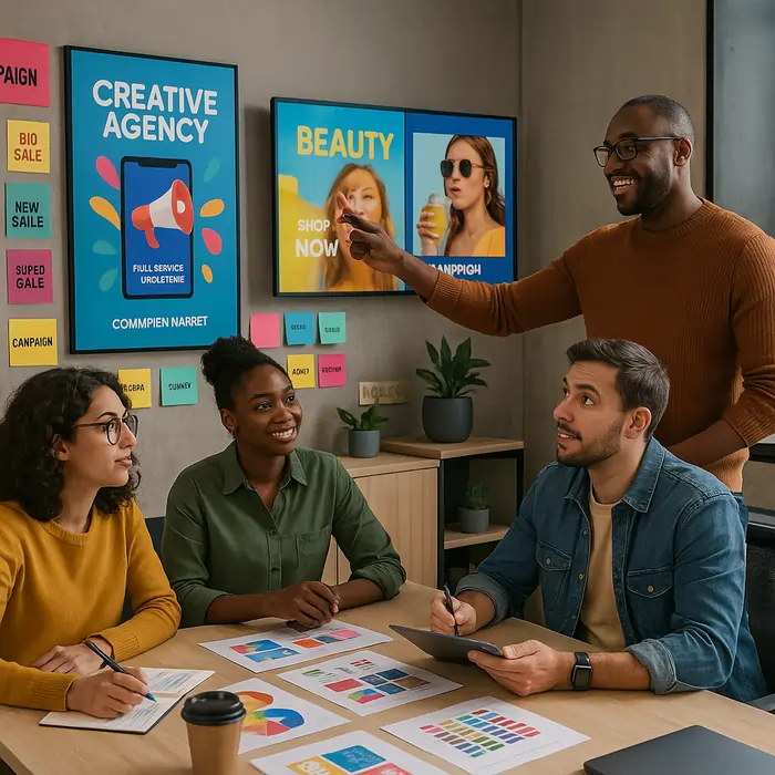 Creative advertising agencies team brainstorming campaign concepts in modern Melbourne office