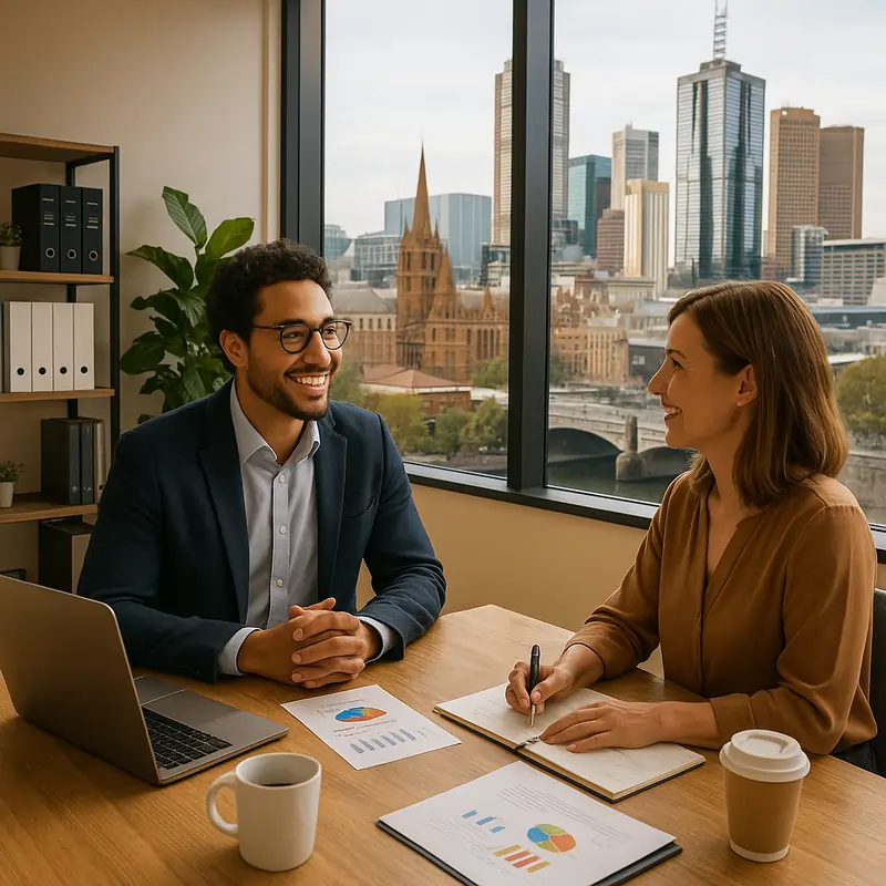 Local marketing agency consultant meeting with Melbourne business owner in professional office