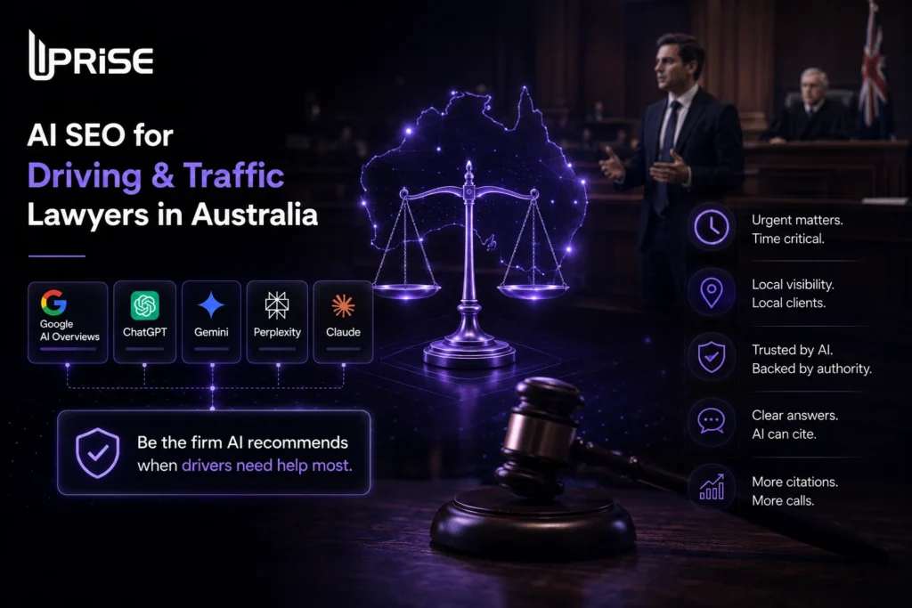"AI SEO for driving and traffic lawyers in Australia featuring courtroom visuals, legal authority signals, and AI search platforms including ChatGPT, Gemini, Perplexity and Google AI Overviews.