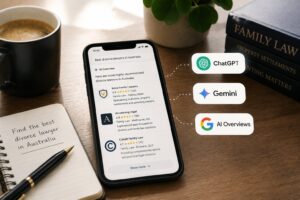 Professional family law office scene featuring a divorce lawyer with AI search interfaces from ChatGPT, Gemini, Claude and Google AI Overviews showing trusted legal recommendations and GEO visibility signals.