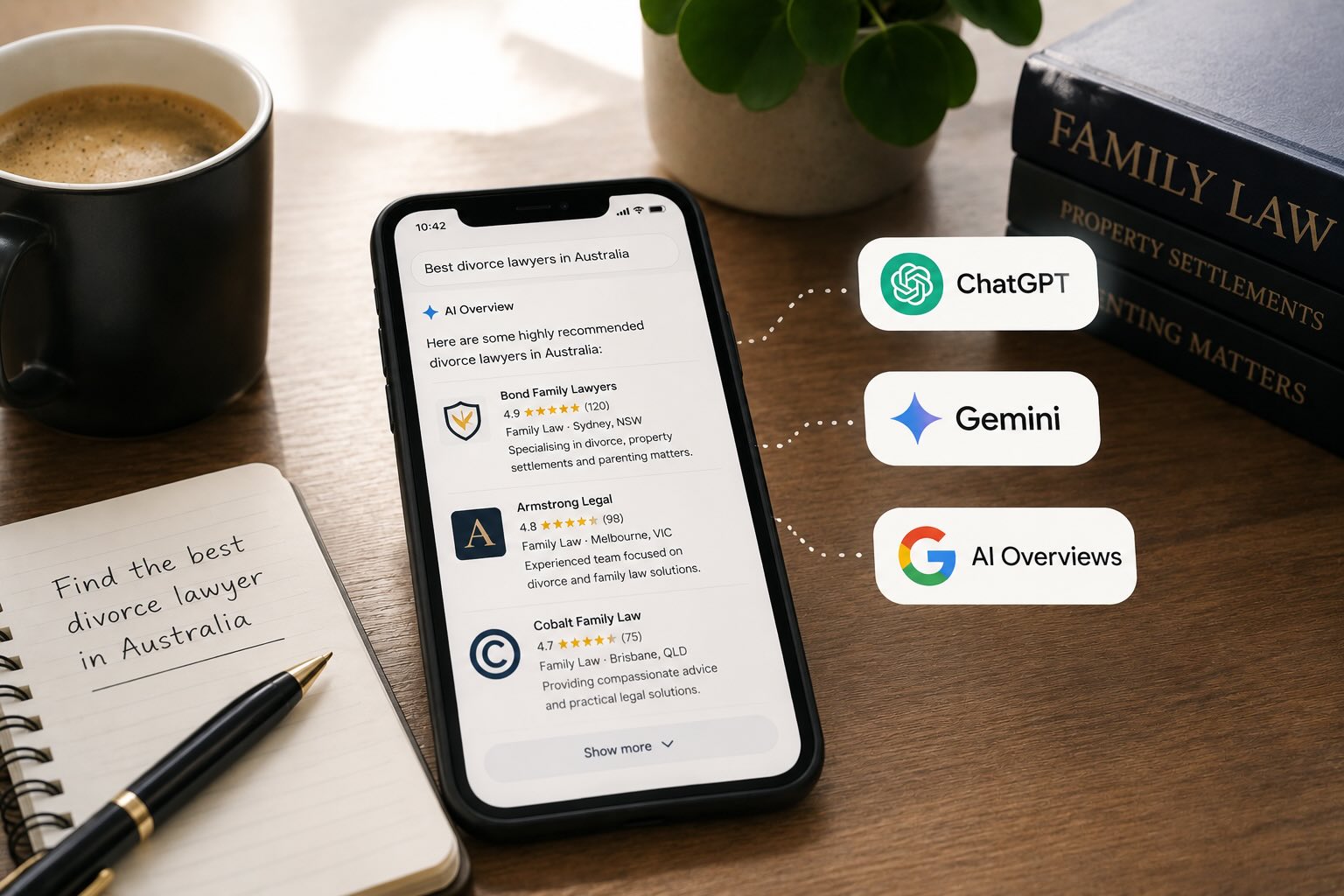 Professional family law office scene featuring a divorce lawyer with AI search interfaces from ChatGPT, Gemini, Claude and Google AI Overviews showing trusted legal recommendations and GEO visibility signals.