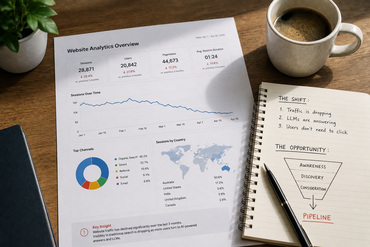 Website traffic dropping after LLMs and AI Overviews, showing Australian search results, declining organic traffic charts, and AI SEO recovery strategies.