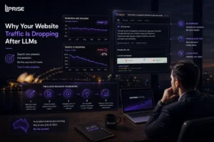 Website traffic dropping after LLMs and AI Overviews, showing Australian search results, declining organic traffic charts, and AI SEO recovery strategies.